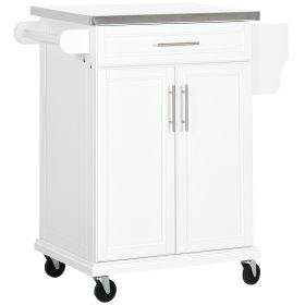 Kitchen Cart on Wheels, White, with Stainless Steel Countertop, Drawer, Towel & Spice Rack