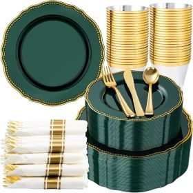 350pcs Green Gold Plastic Plates - Gold Plastic Dinnerware Set Includes 50 Dinner Plates, 50 Dessert Plates, 50 Gold Utensils