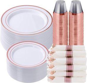 350 Piece Rose Gold Plastic Dinnerware Set for 50 Guests, Fancy Disposable Plates for Party, Include: 50 Dinner Plates, 50 Dessert Plates